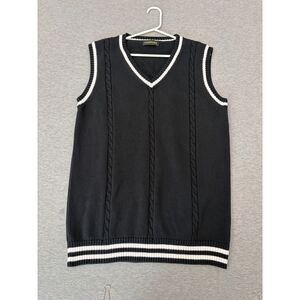 Cable Knit Sweater 100% Cotton Vest Black Womens M L Tennis Core Preppy Academia